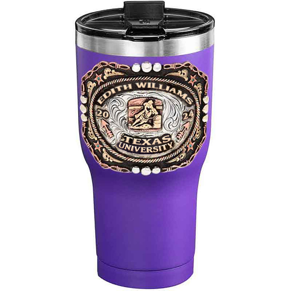 A customized tumbler made of stainless steel with a personalized engraved name and Texas University lettering with barrel racing figure, 30 oz, ideal for coffee or cool drinks